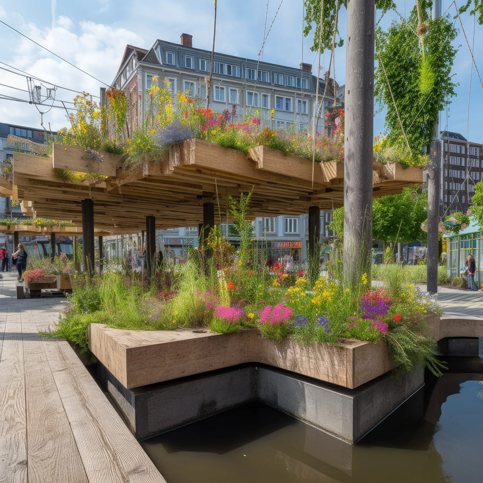 Garden beds for canal on the city square