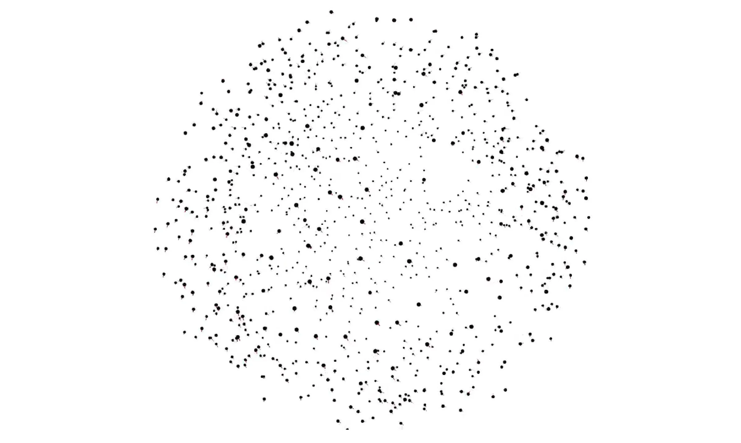 A round cloud of black points of different sizes on white, each point trailing a short red line of its velocity