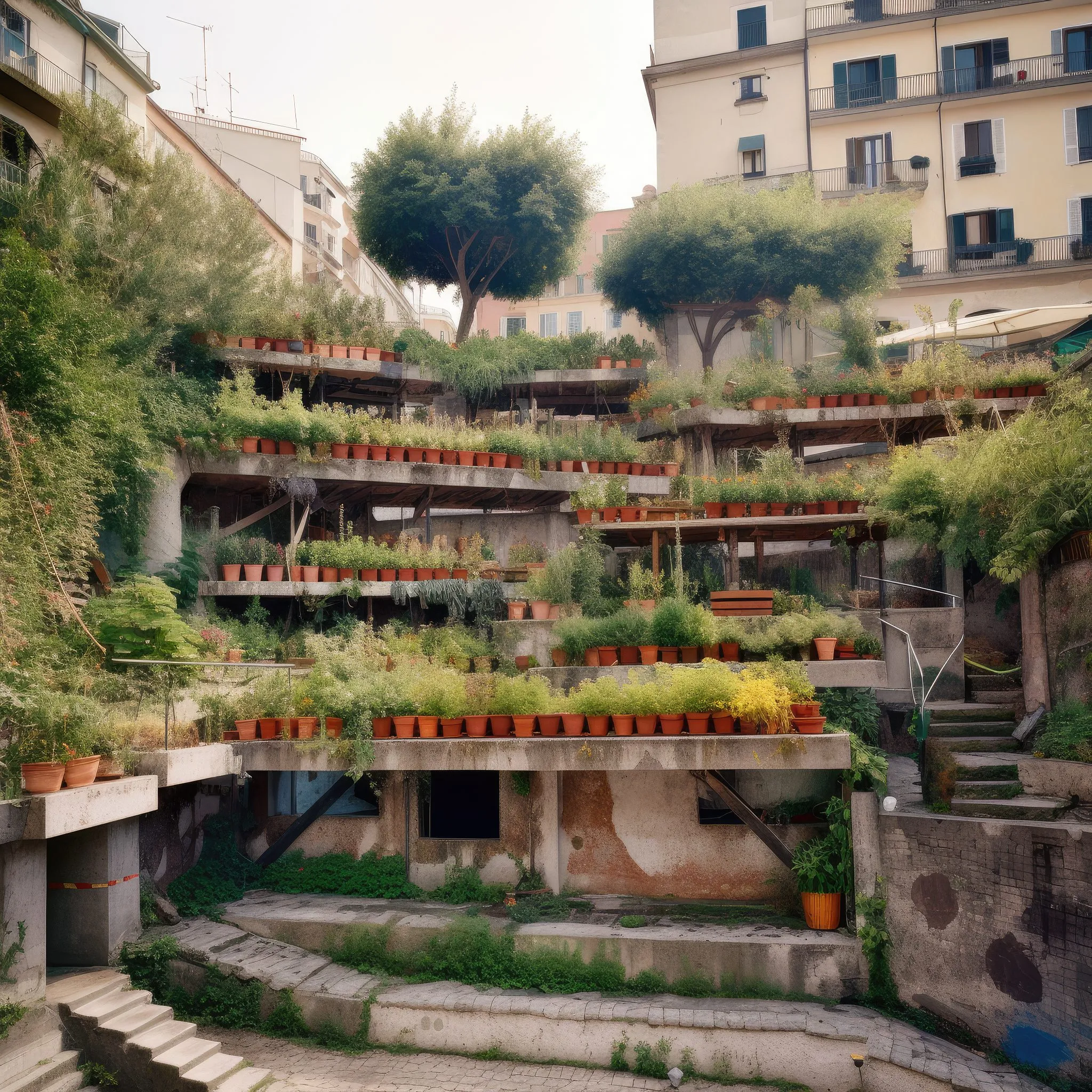 Stacked multiple garden beds above the city plaza