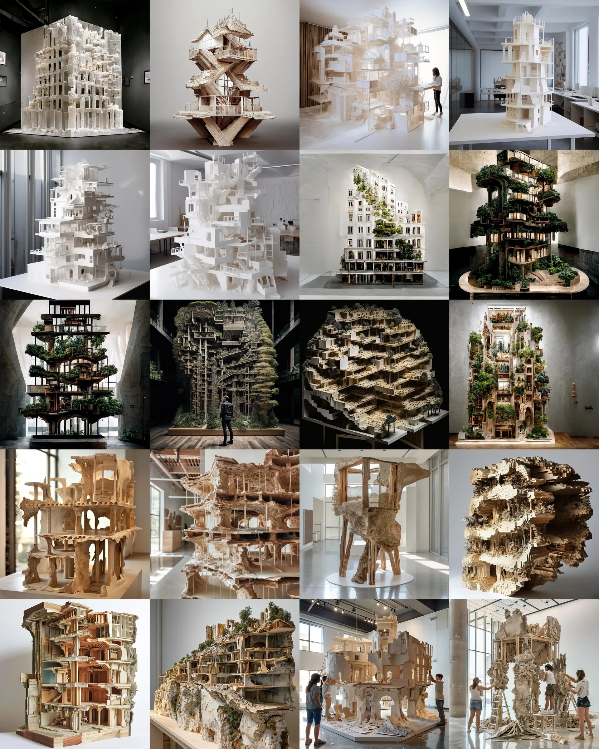 A grid of small mixed-media architectural models with exposed frames and geological bases