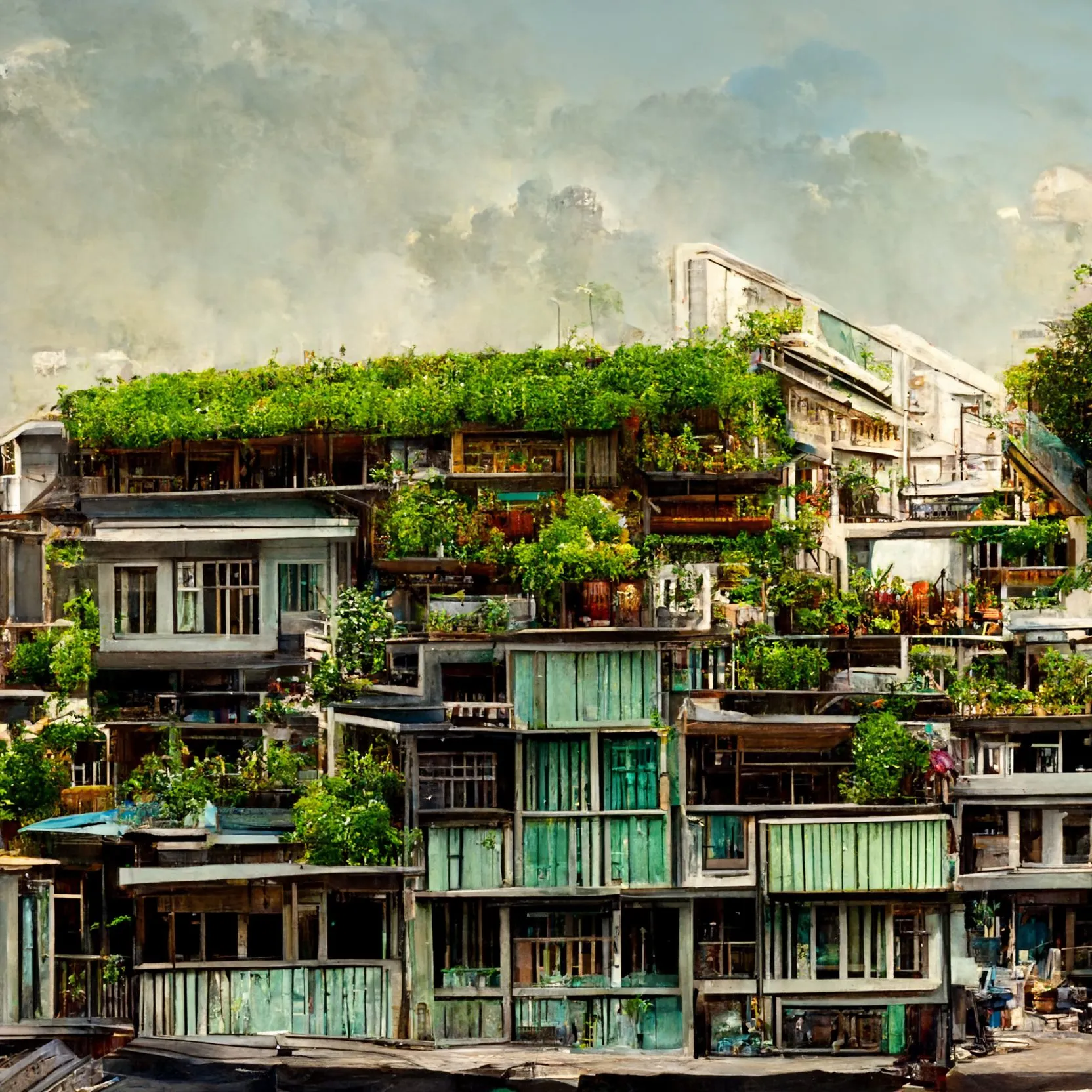 A generated painting of a Bangkok shophouse row with gardens on every roof and balcony, high-rises behind