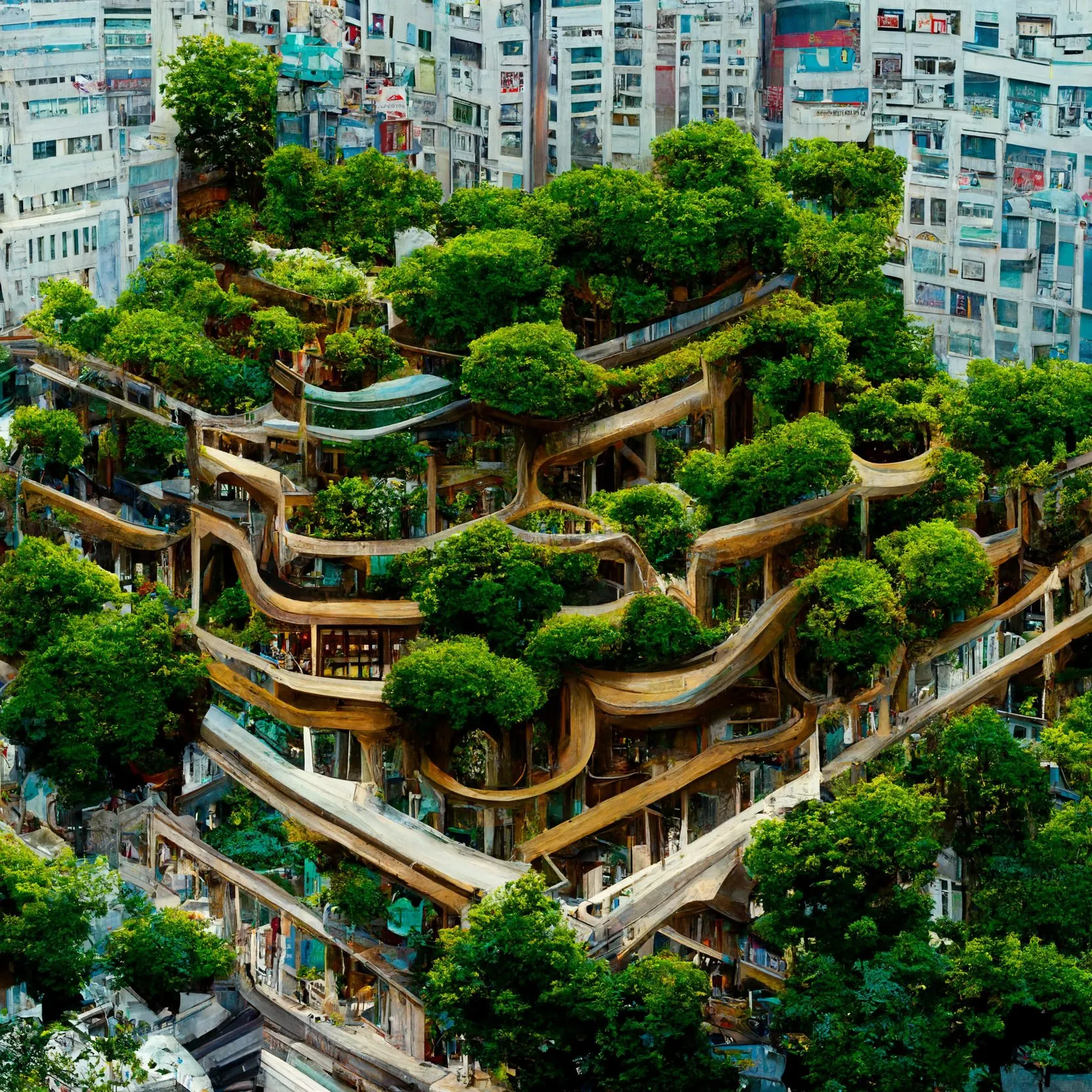 A generated aerial view of Seoul blocks whose stepped roofs are entirely planted with trees