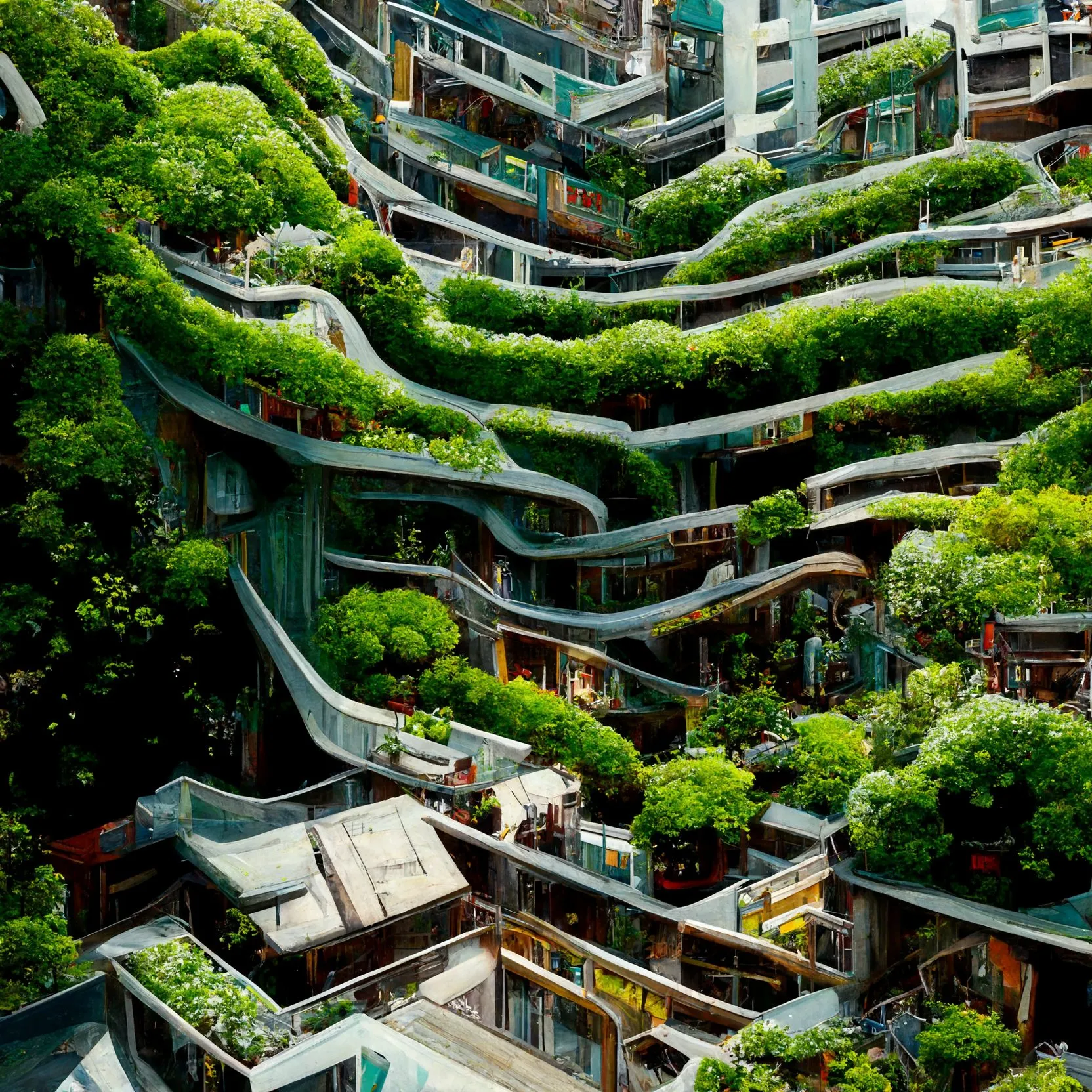 A generated aerial view of terraced housing in Seoul with dense planting on every terrace