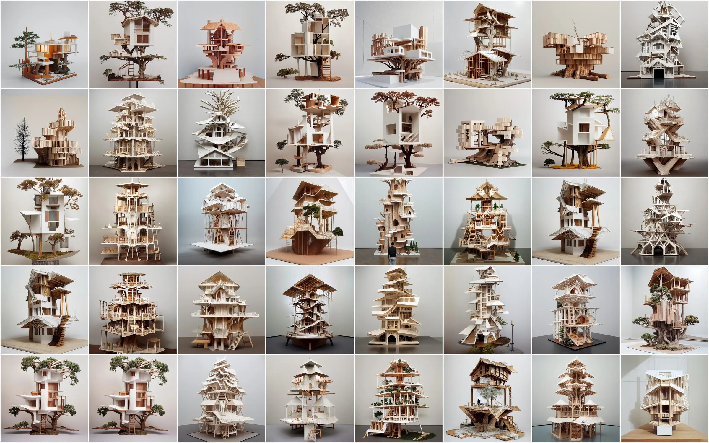 A contact sheet of dozens of generated photographs of architectural models