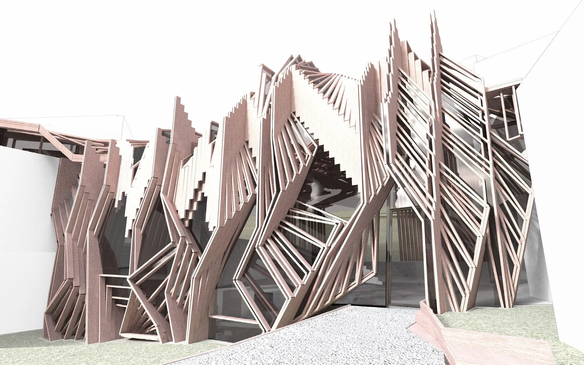 Rendering: a lattice of thin pink-brown lines rises between the two white museum buildings, seen from the forecourt