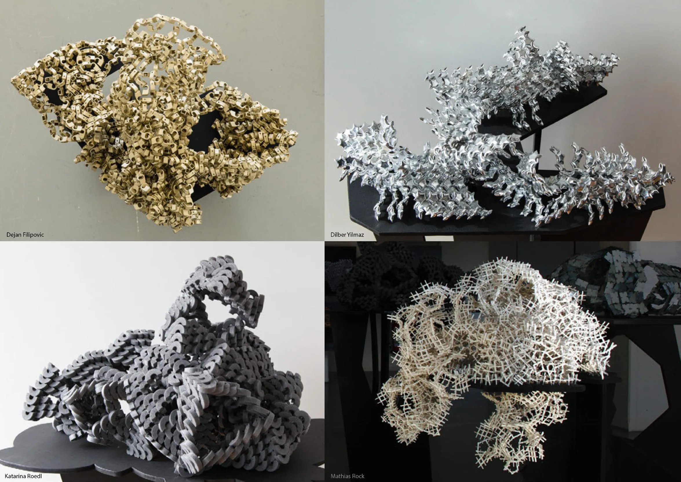 Four aggregate models in gold, white and grey on black