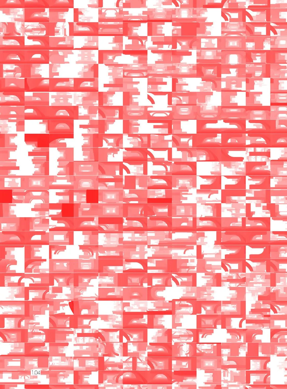 A dense red drawing of enfilade rooms in perspective
