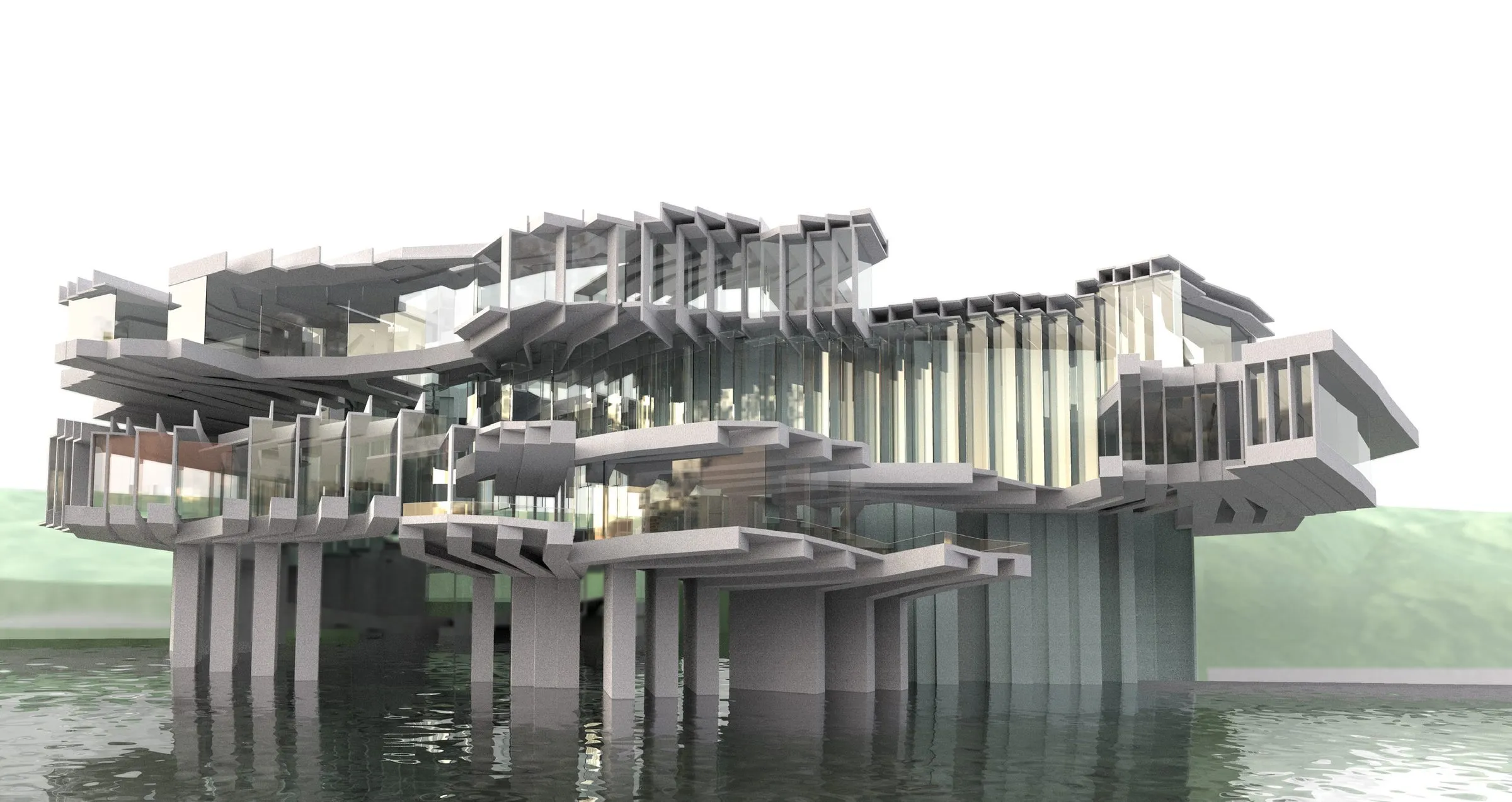 Render of the concert centre seen from the river, a stack of slabs on piers