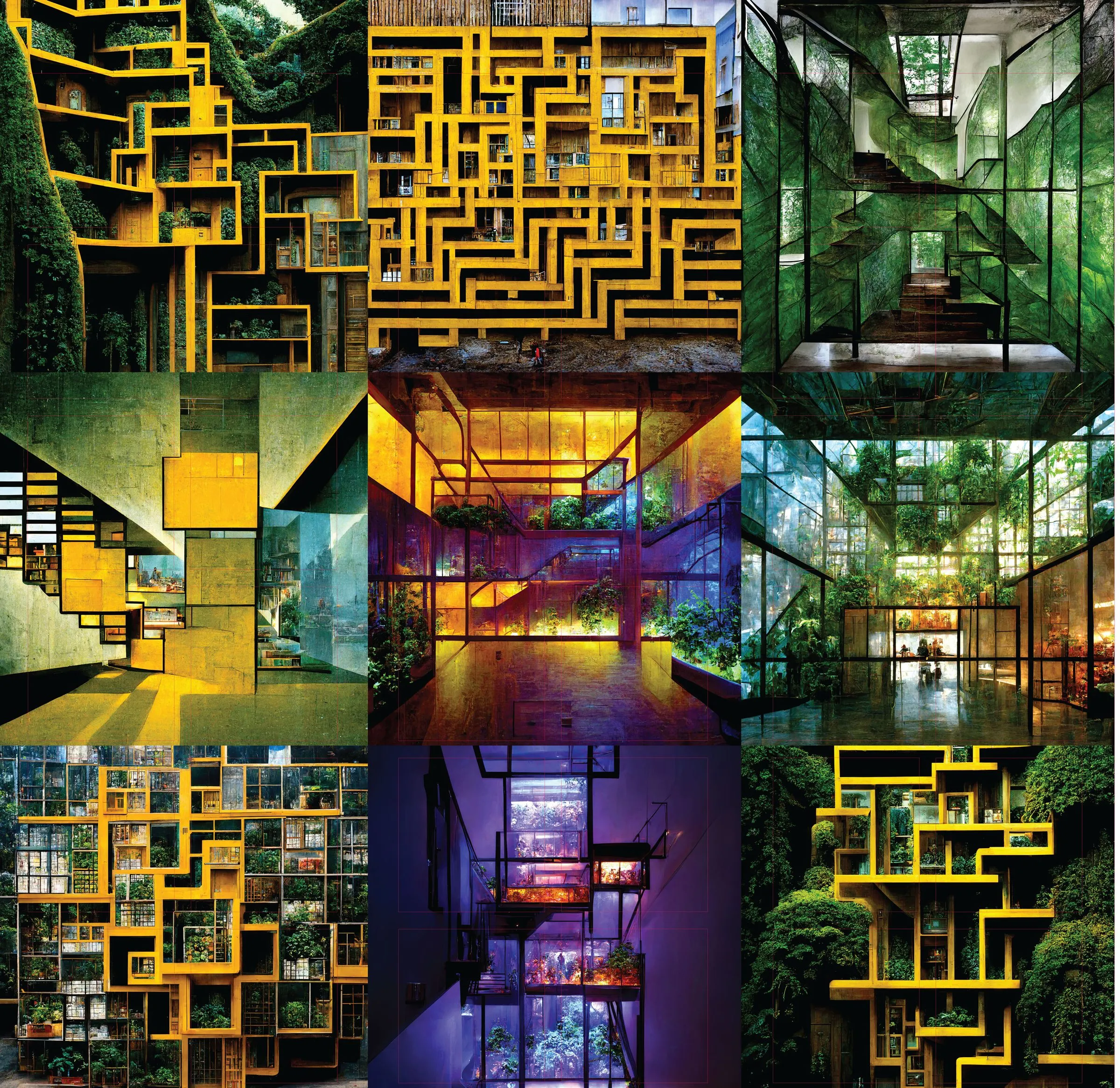 A three by three grid of the Light Architecture study series: glass planting cases in yellow, violet and green light