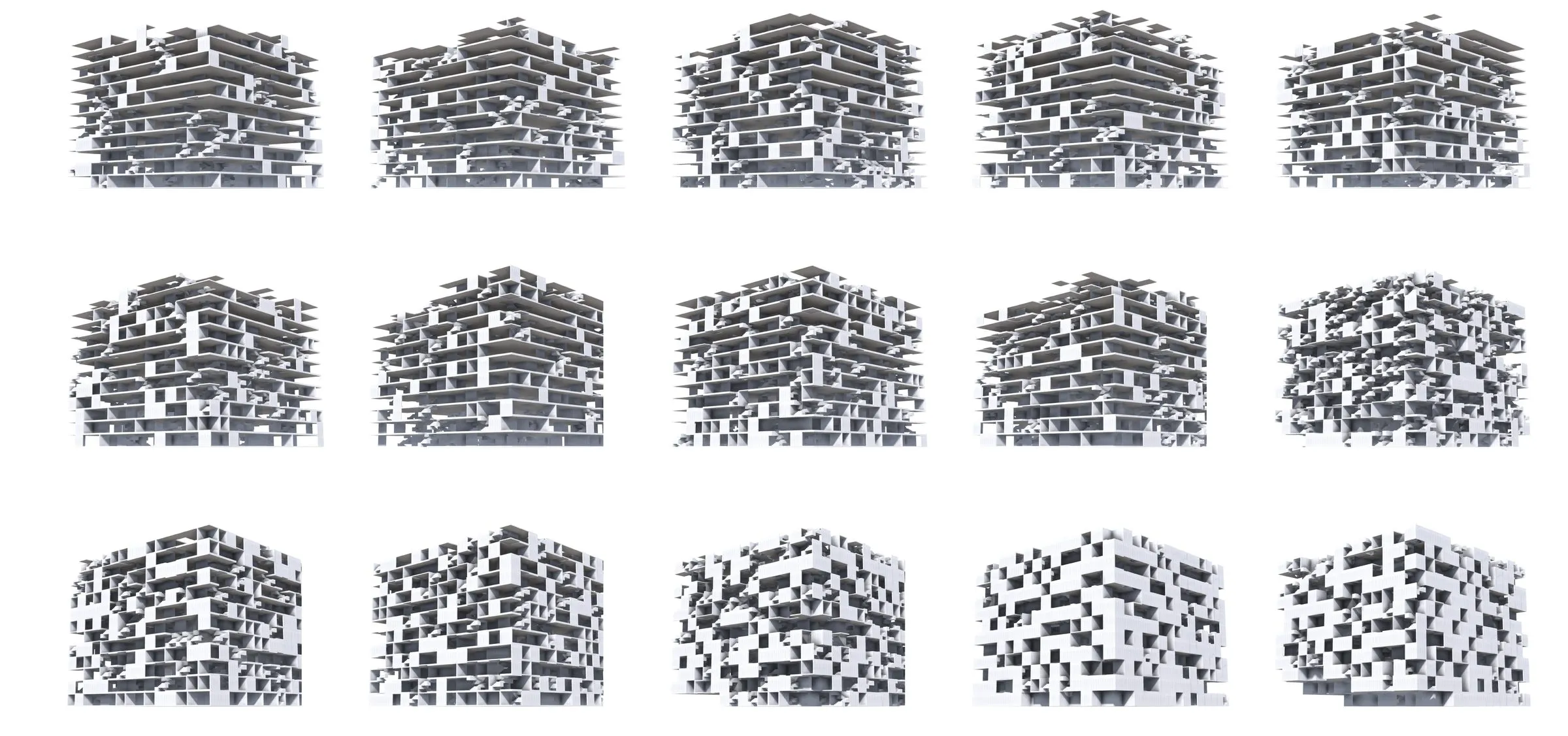 A wide sheet of small grey building assemblies arranged in rows, each a different configuration of stairs and slabs