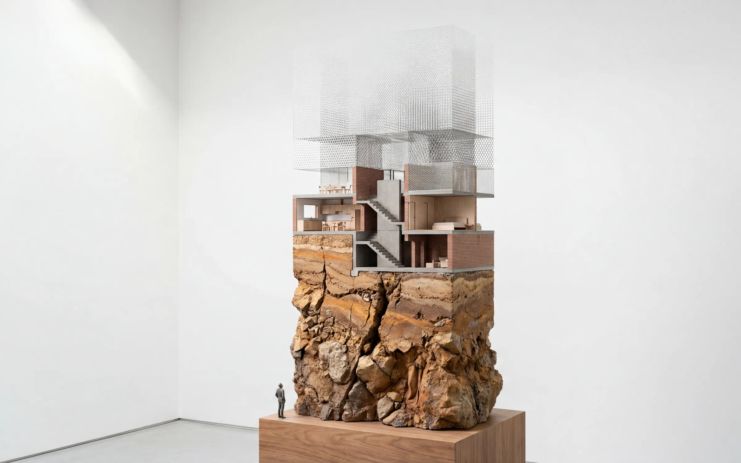 A model of a rock mass carrying a glass house, standing in a gallery