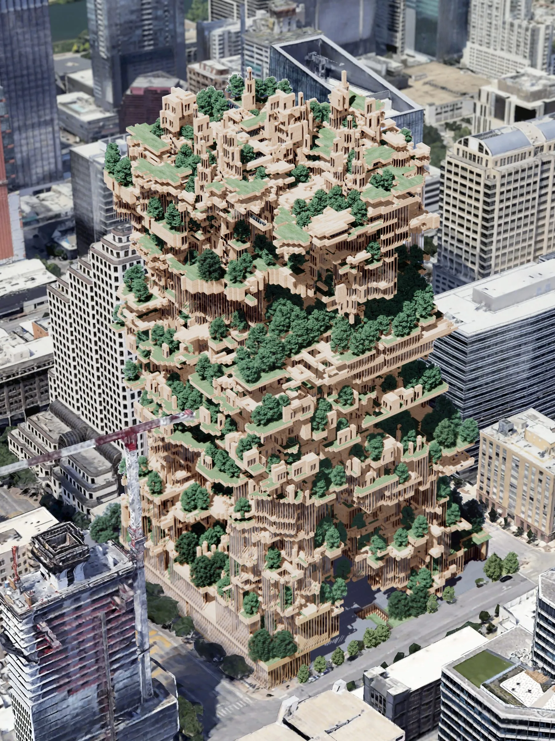 Aerial montage of the generated tower, a stack of terraces and trees, standing among the office towers of downtown Austin