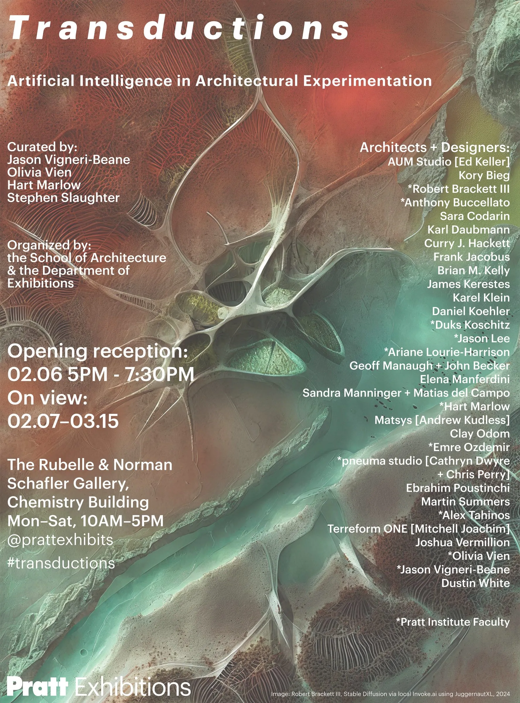 The exhibition poster of Transductions, red and turquoise generated terrain with the list of participants