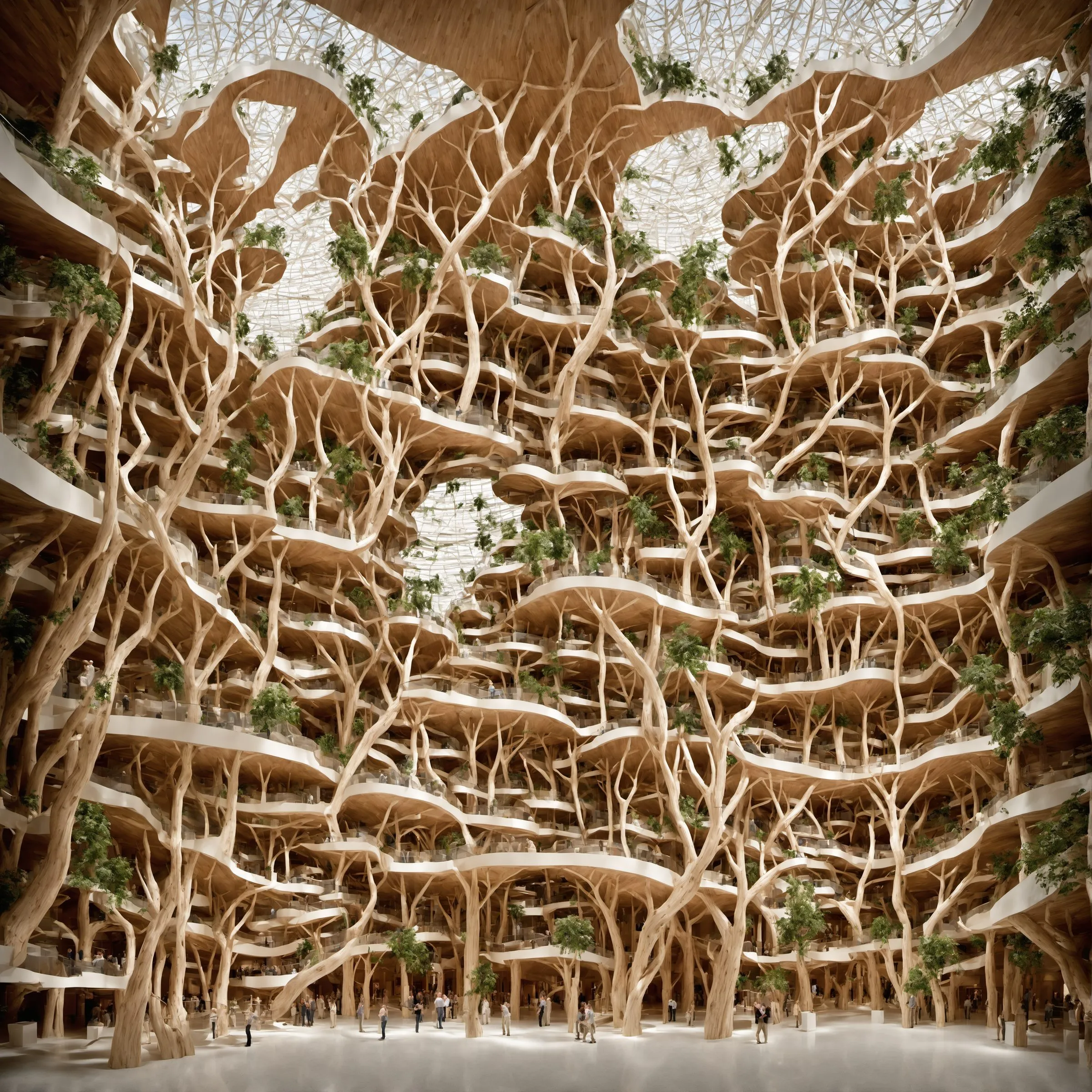 A generated view of a hall filled with branching tree structures on several levels