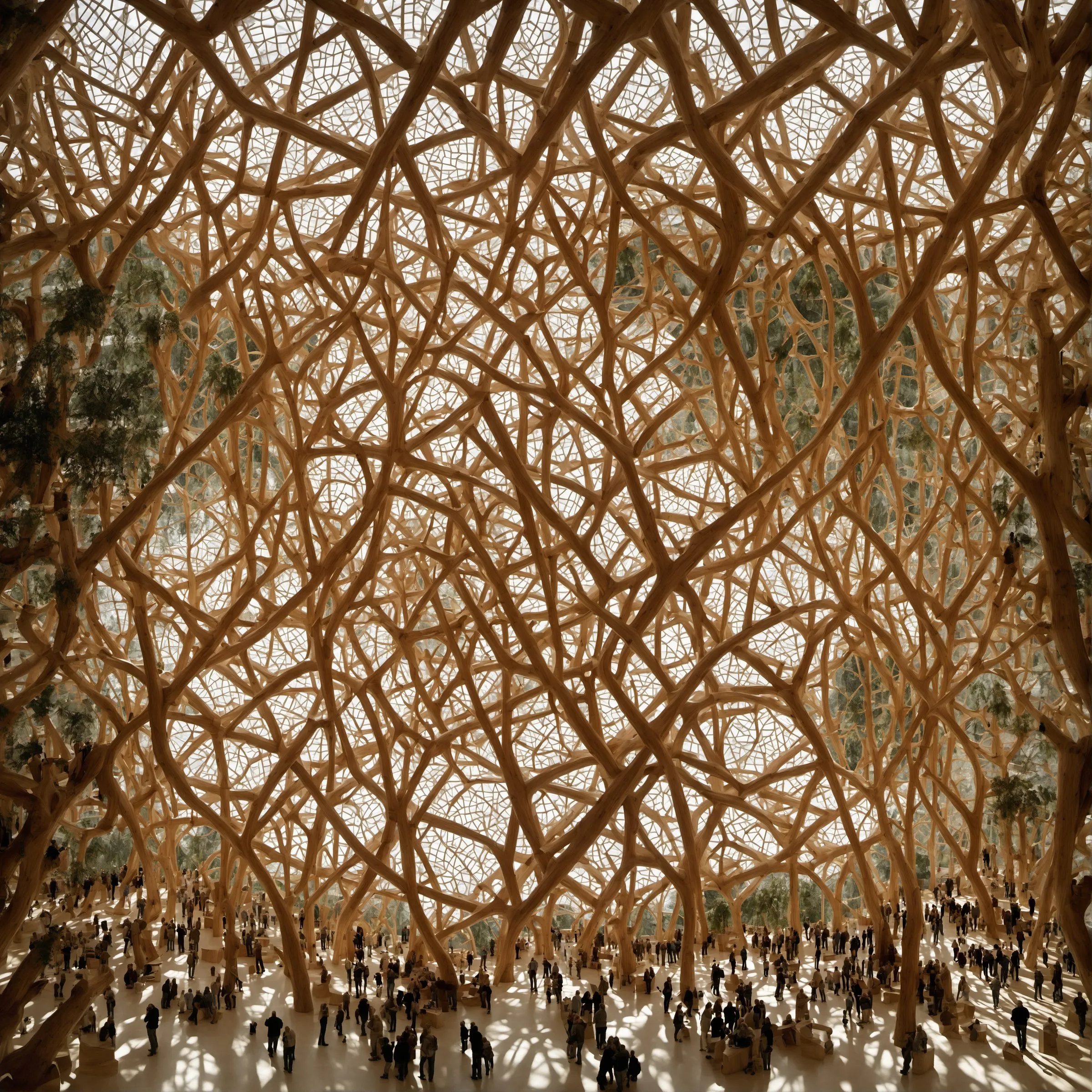 A generated view of a hall filled with branching tree structures on several levels