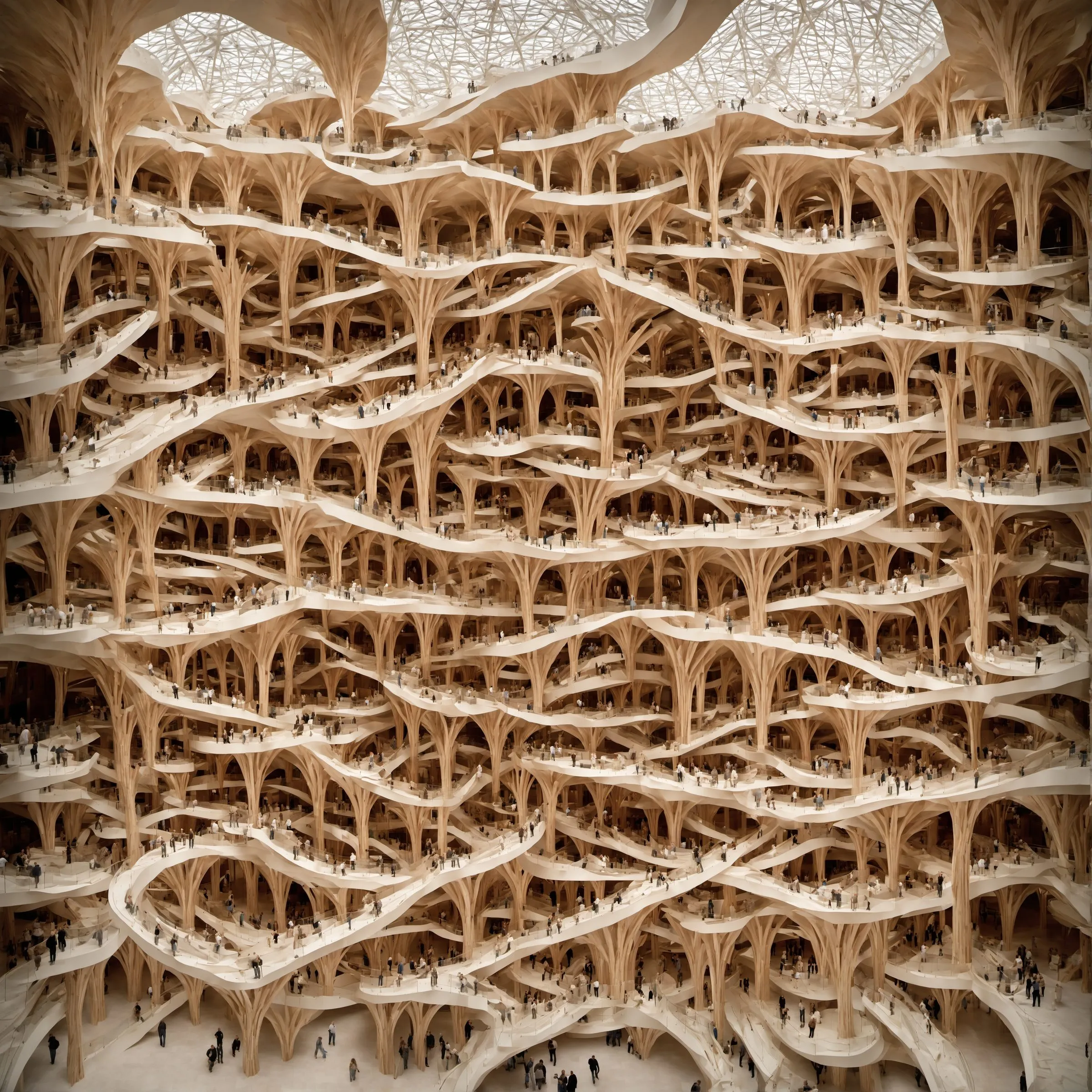 A generated view of a hall filled with branching tree structures on several levels