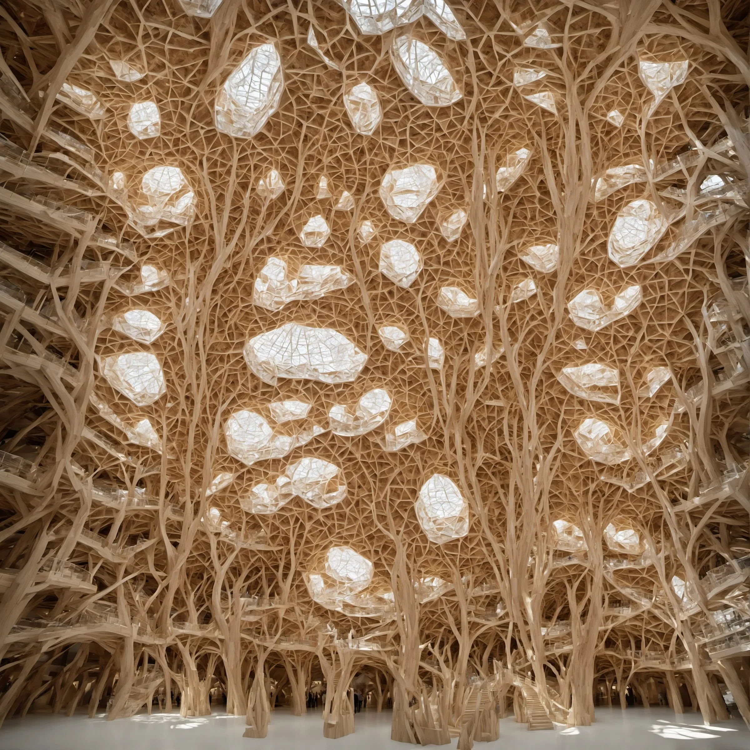 A generated view of a hall filled with branching tree structures on several levels