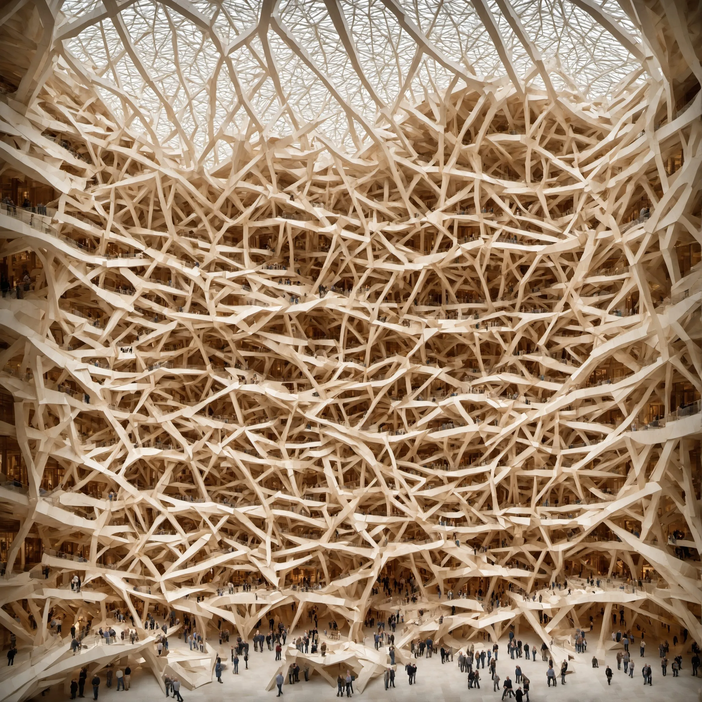 A generated view of a hall filled with branching tree structures on several levels
