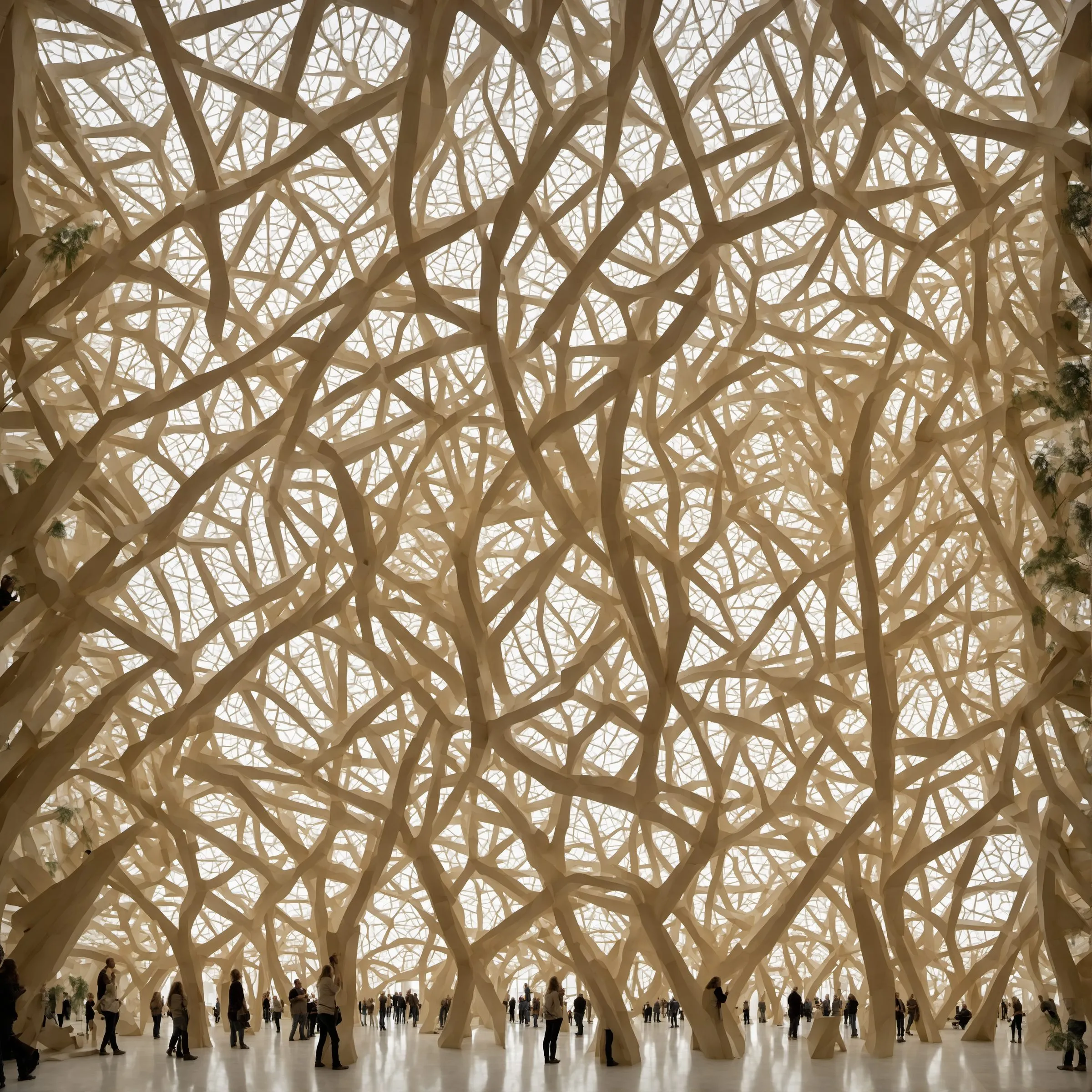 A generated view of a hall filled with branching tree structures on several levels