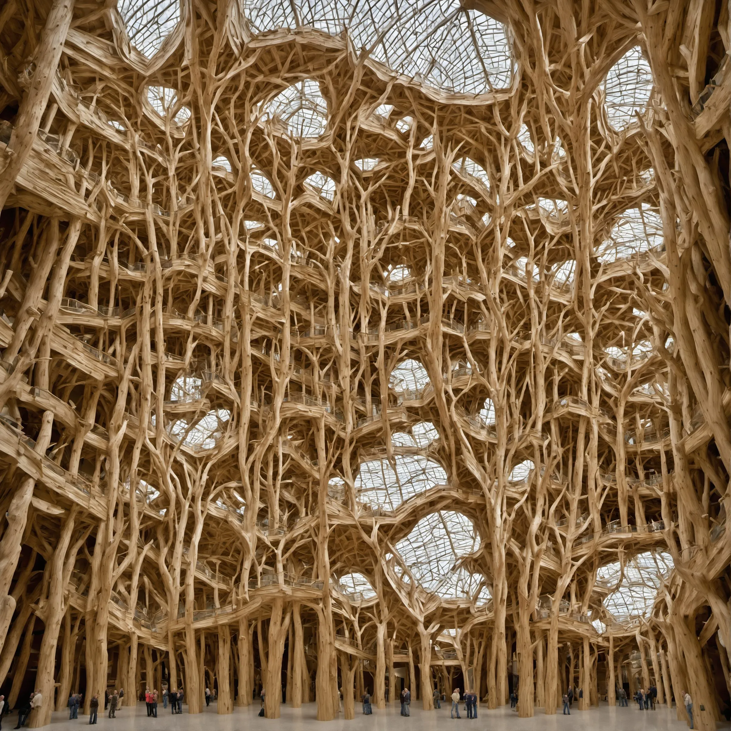 A generated view of a hall filled with branching tree structures on several levels