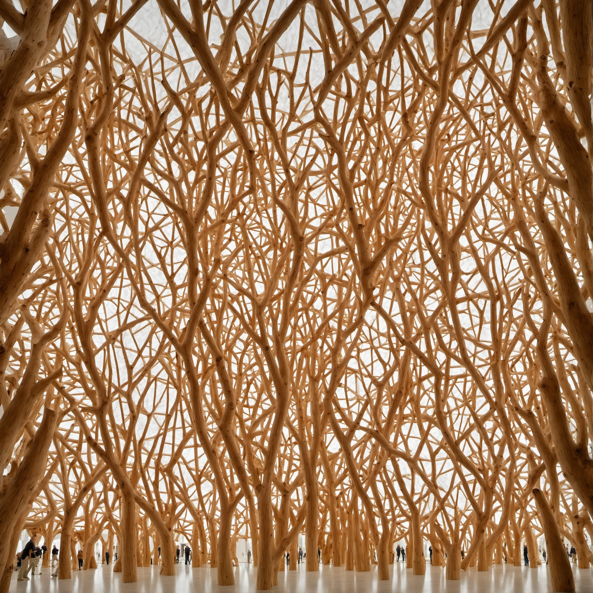 A generated view of a hall filled with branching tree structures on several levels
