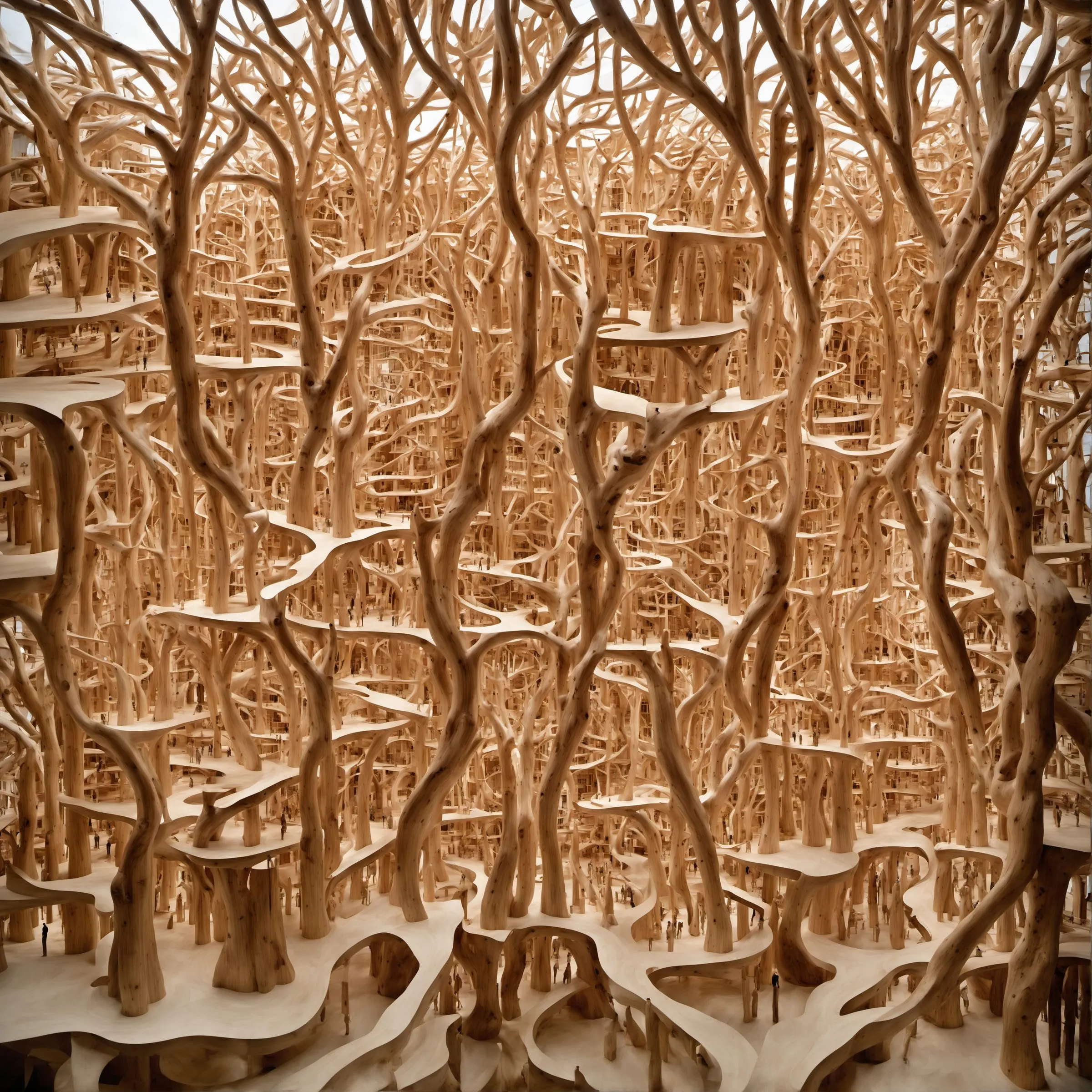 A generated view of a hall filled with branching tree structures on several levels