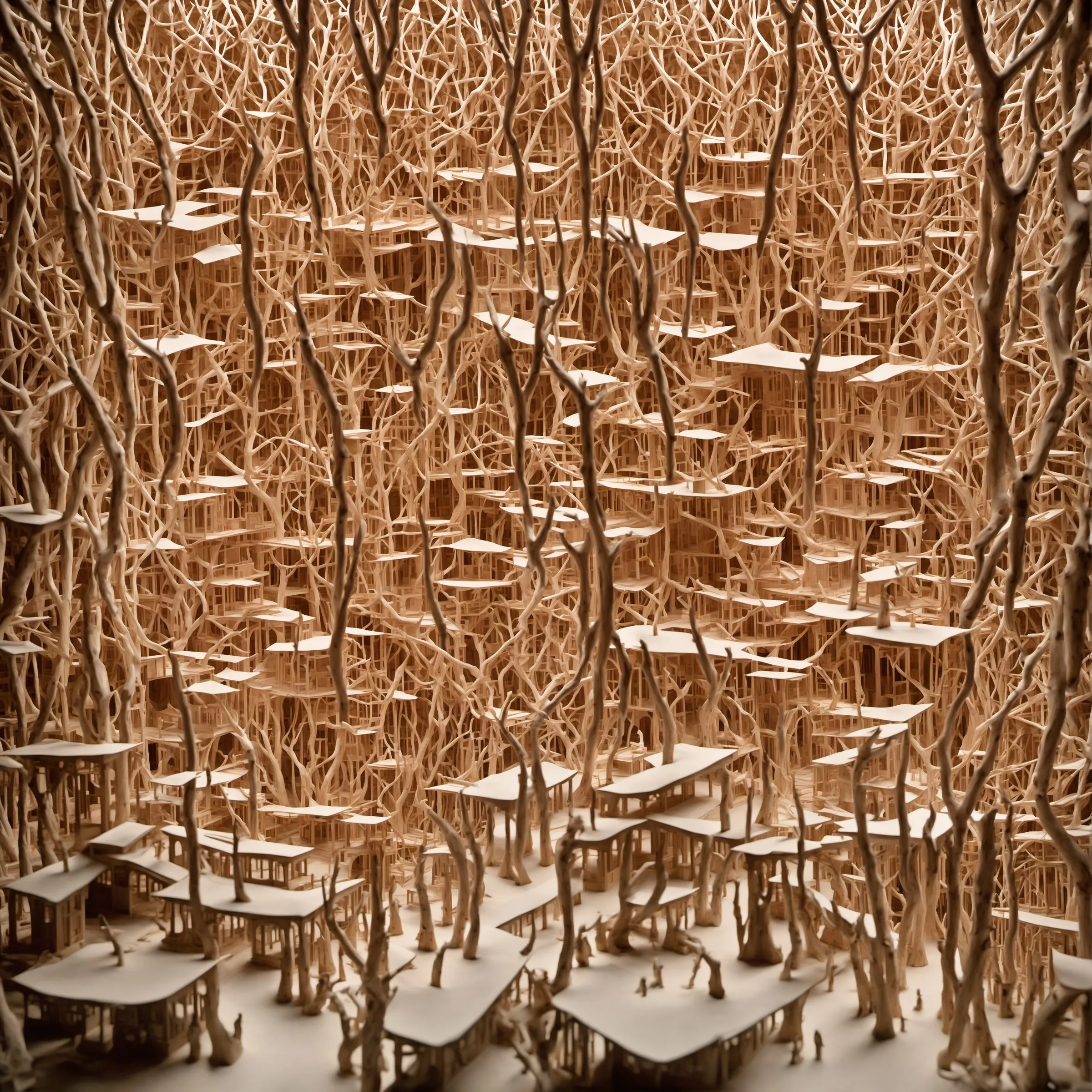 A generated view of a hall filled with branching tree structures on several levels