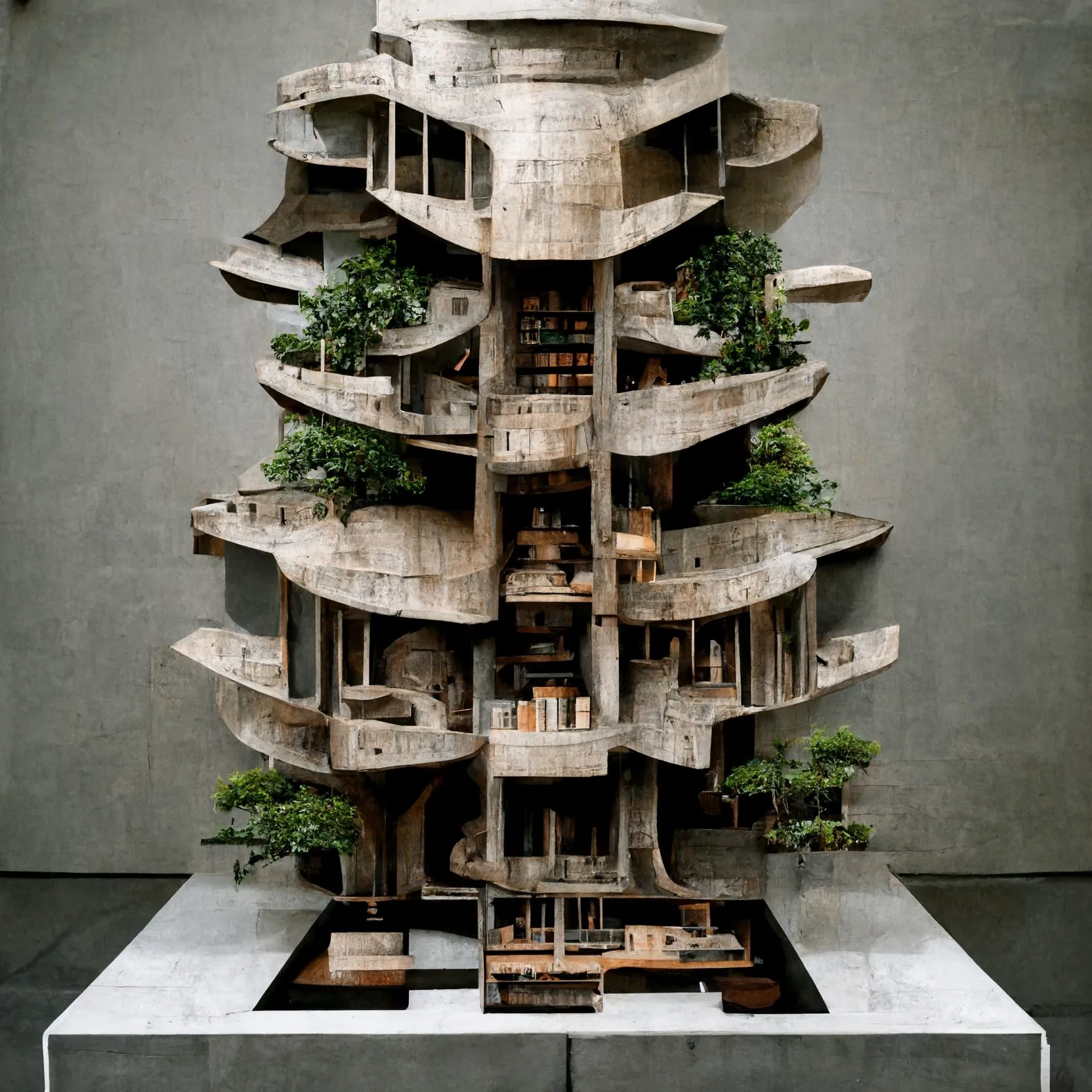 A generated model of a tower of stacked oval floors held by tree trunks, each floor planted, in a grey gallery