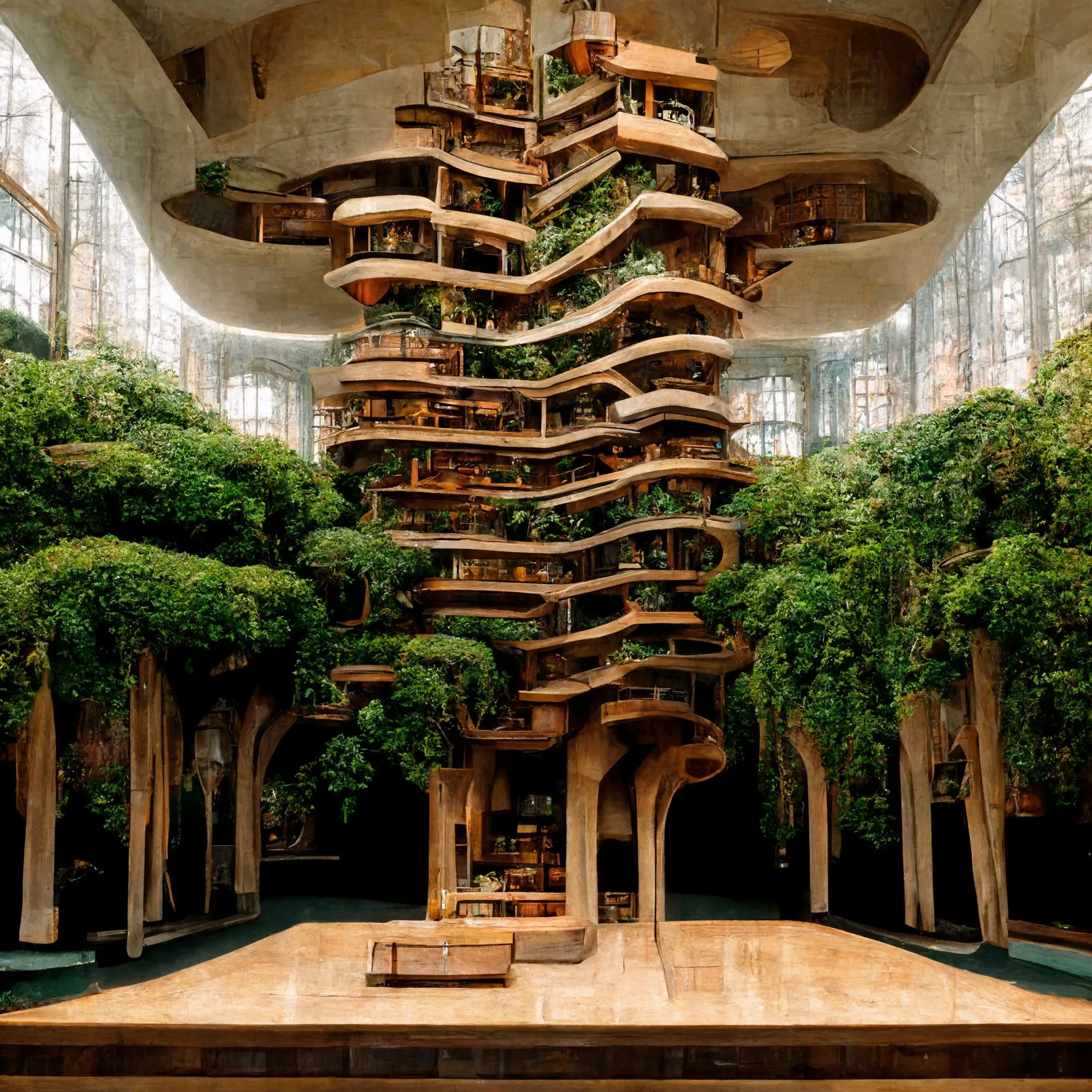 A generated model of a tiered timber treehouse standing in a hall painted with a forest