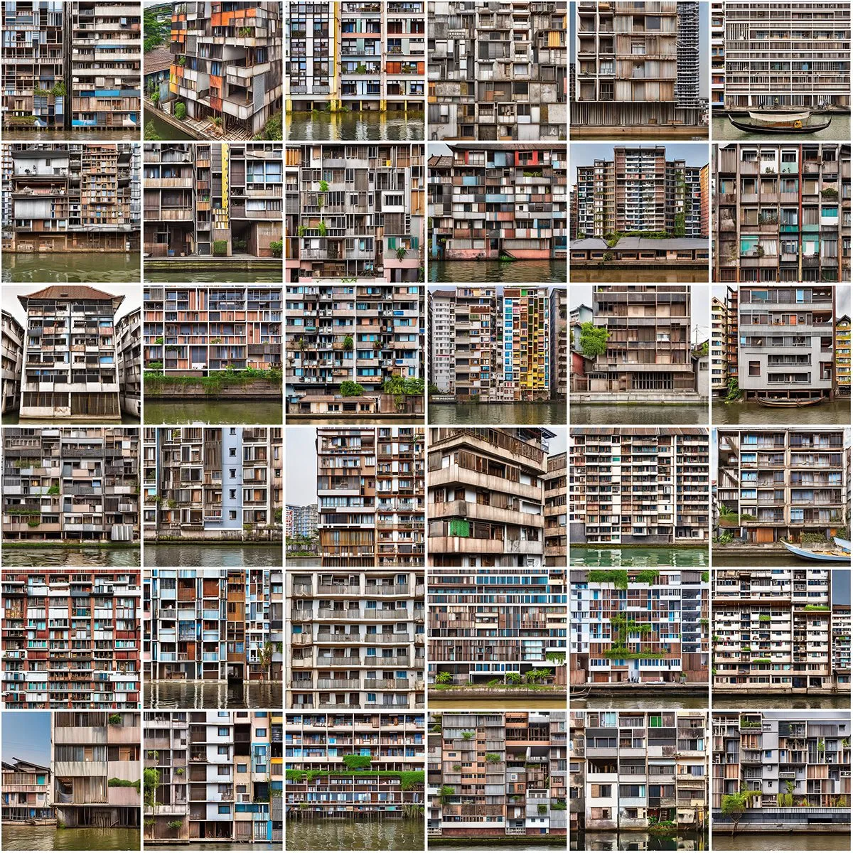 A six-by-six grid of generated apartment facades for Makoko, each block standing in water