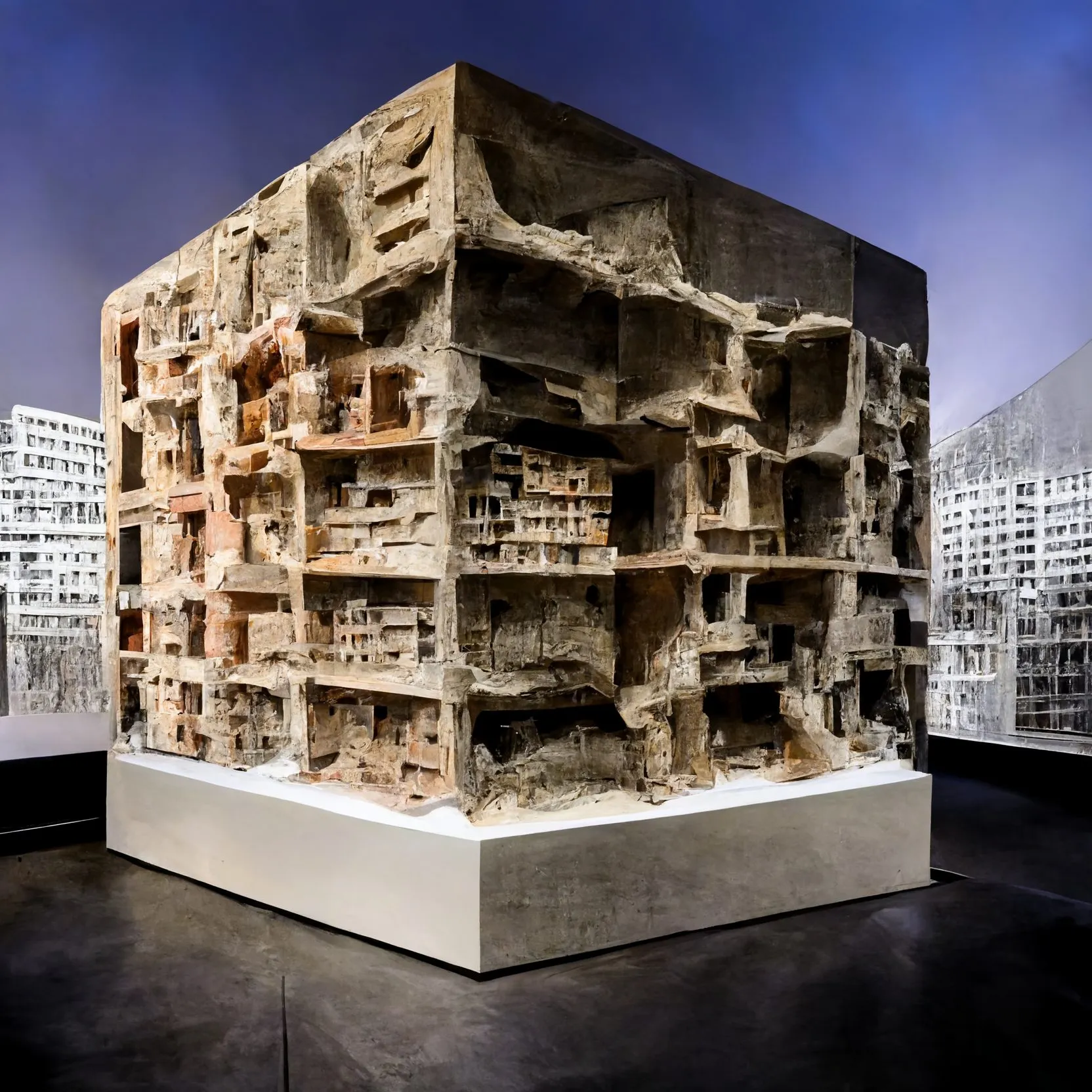 A generated photograph of a large cube-shaped urban block model in rough sand-coloured concrete on a gallery plinth
