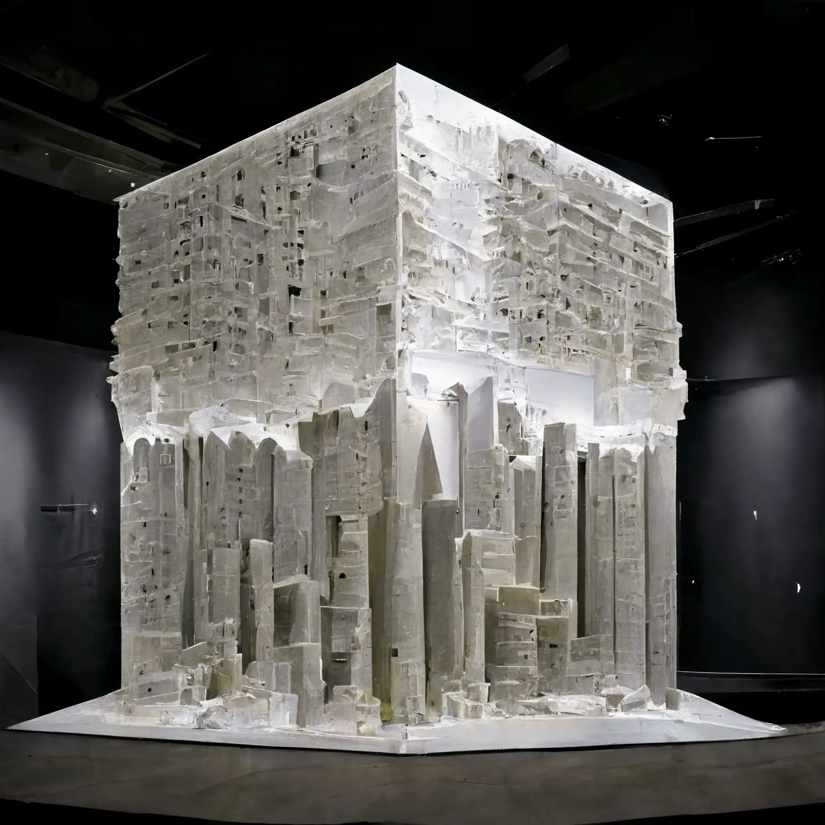 A generated photograph of a white foam model of a vertical city, carved with towers and terraces, in a dark gallery