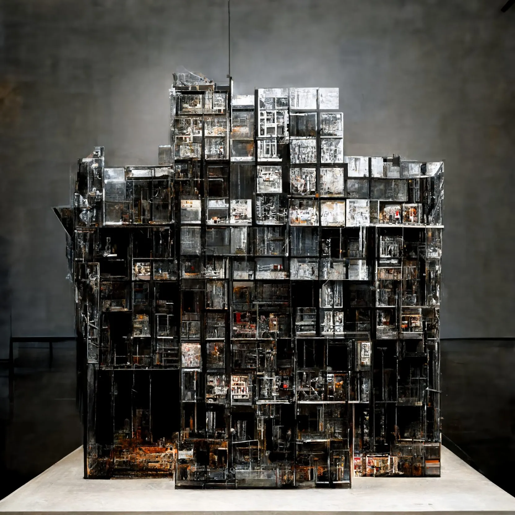 A generated photograph of an urban block model as a black steel frame filled with small rooms, on a gallery plinth