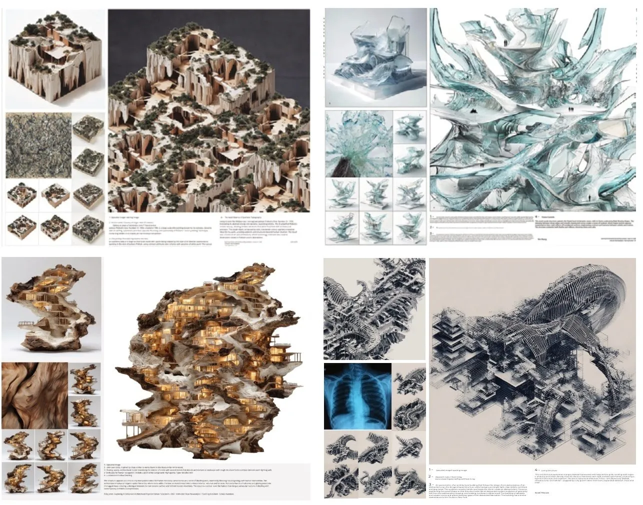 Four final boards: a stepped landscape of white cliffs with trees, a turquoise glass form, a golden rock house on a table and a blue x-ray drawing of a city, each with its series of variants and a short text