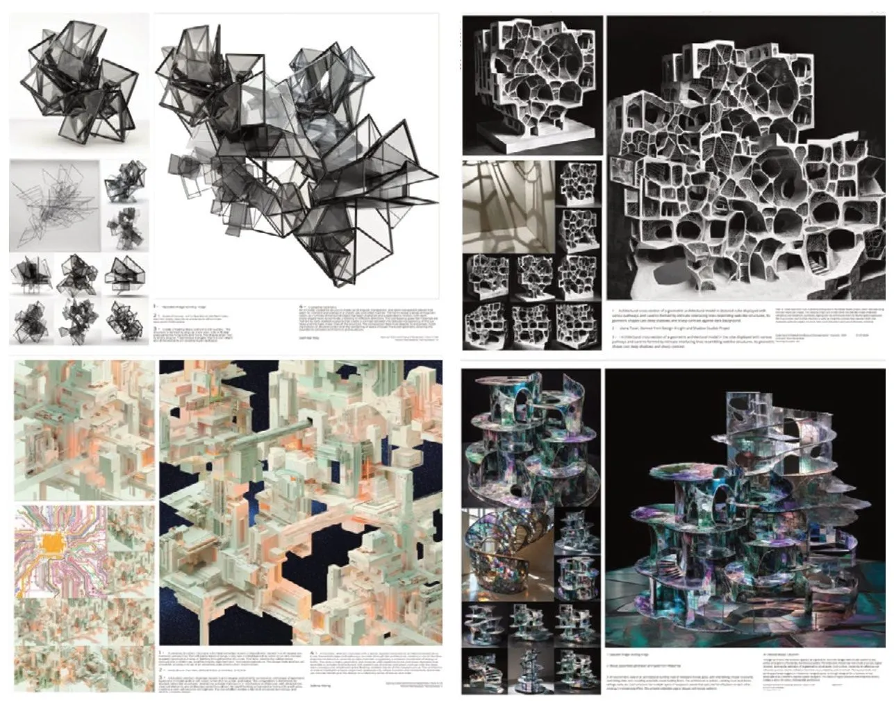Four final boards: a black wire lattice, a black-and-white cellular structure, an isometric city in pastel tones and an iridescent stack of round floors, each with its variants and text