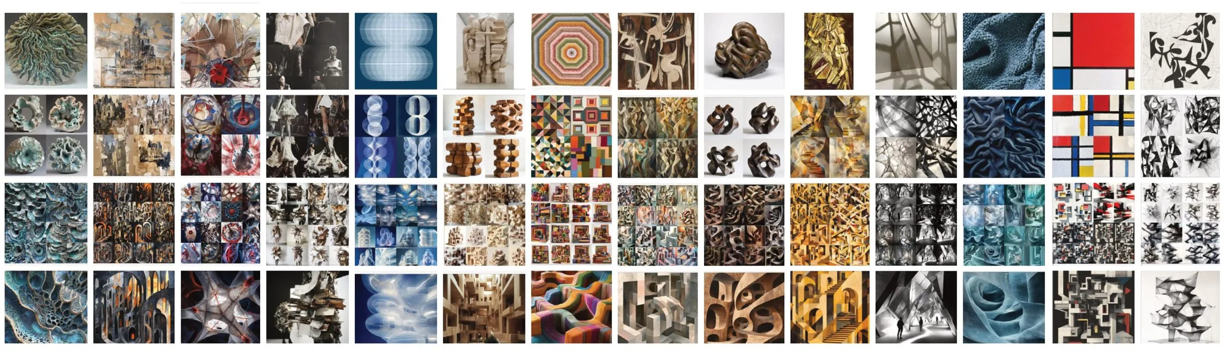 A matrix of small images pairing art-historical references with AI-generated studies, one column per student