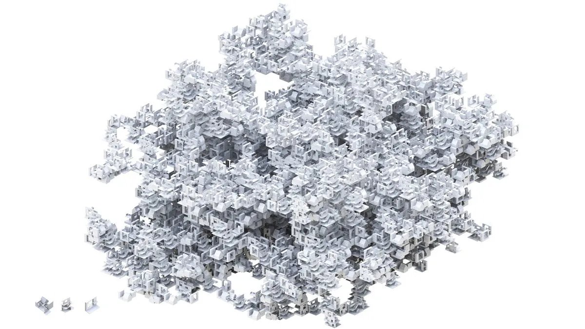 Rendering of the aggregate seen from above, its courtyards read as a pale rough field