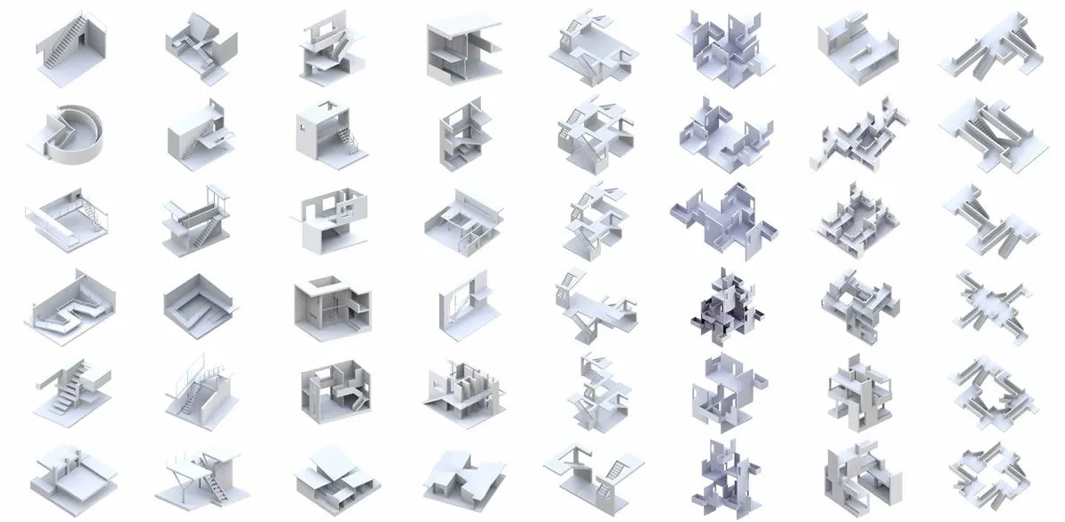 A grid of small isometric drawings cataloguing courtyard samples and their combinations