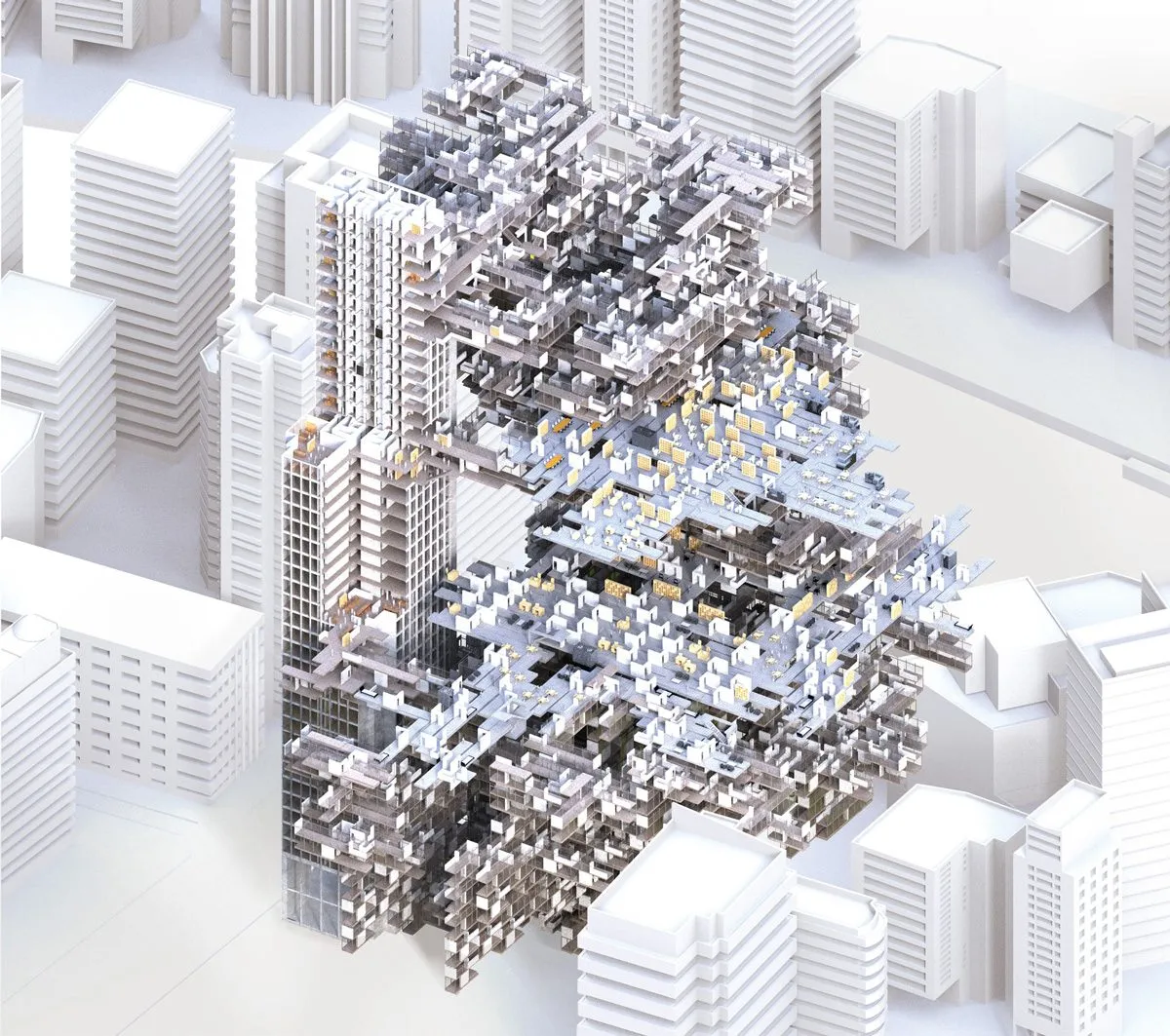 Rendering of the courtyard aggregate set among the white blocks of a city